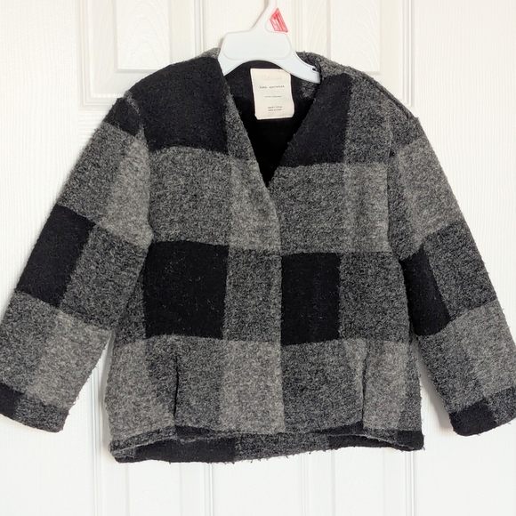 Zara Other - Zara Kids (Size 6) Black & Gray Checkered Wool Blend Jacket w/Faux-Fur Lining
